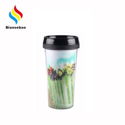 이중 플라스틱 컵 광고지 16oz 투명 플라스틱 컵 뚜껑 휴대용 야외 운동 물컵 로고, 401-500ml