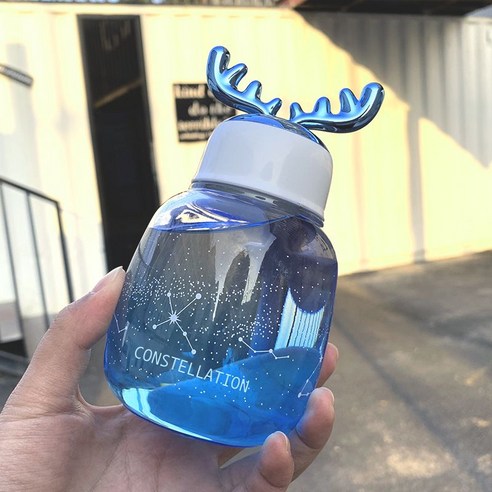 투명 ins 패션 심플한 3D 사슴뿔 고붕소 실리콘 유리 휴대용 물컵 소녀심 귀여운 물컵, 300ml, 청색