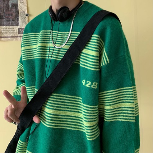 smy에메랄드 스웨터 가을과 겨울 레트로 일본식 게으른 고급 컬러 스트라이프 두꺼운 스웨터 특대