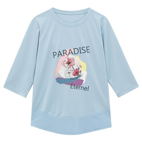 베스띠벨리[여성 반팔티셔츠 30%할인]라운드넥 PARADISE 플라워 페인팅 봄 블루컬러 5부소매 티셔츠정상가 99 000원 55 66 77 하늘색 반팔 블라우스