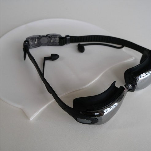 전문 성인수영장비 렌즈수경 프로 슈트 실리콘 귀마개 일체형 수경 2종 세트 ( 수경+수모+귀마개+수경케이스 ), 3세트, black+white