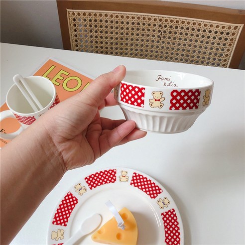 가정용 요리 접시 아침식사 접시 곰 케이크 과자 접시 그릇 세트 머그컵, 레드 체크 (곰돌이 그릇)