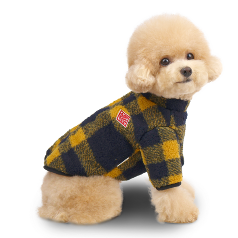 그루밍댕이 강아지 고양이 체크 후리스 집업 뽀글이 자켓, 1개, 옐로우