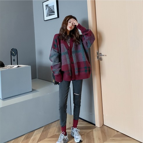 DH 한국어 가을 새로운 느슨한 한국어 니트 카디건 패션 게으른 스타일 스웨터 코트 원피스 드롭 배송