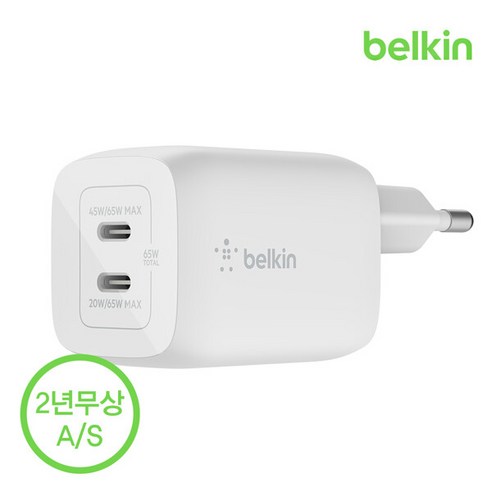 벨킨 65W 듀얼 USB-C타입 PD 3.0 PPS GaN 고속 충전기 WCH013kr, 1개, 화이트(WCH013krWH)