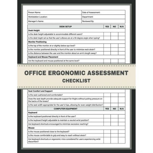 사무실 인체공학적 평가 체크리스트 컴퓨터 워크스테이션 및 자체 체크리스트. 환경에서의 쾌적성 건강성 생산성 확보