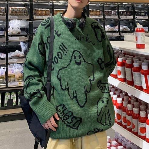 [ICE STONE] 고딕 유령 패턴 스웨터 남자 니트 탑 느슨한 긴 소매 따뜻한 스웨터 가을 겨울 Streetwear 패션 풀오버 남자