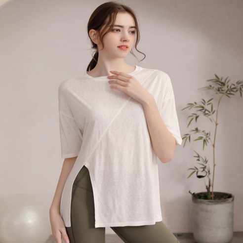 가치스토어 여성용 요가 필라테스 루즈핏 반팔티 옆트임 반팔 티셔츠 롱티