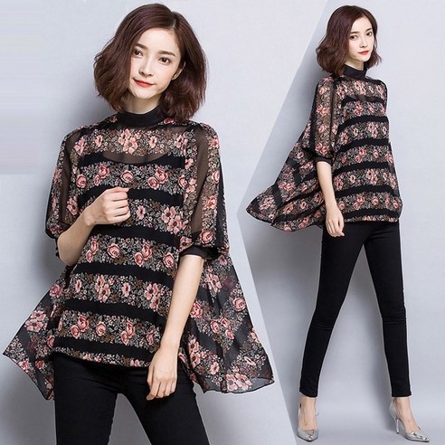 AIRASI 여성 쉬폰 블라우스 프린트 플라워 줄무늬 7부소매 여름