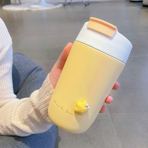 [LM] 360/480ml 열 컵 커피 맥주 차 귀여운 절연 스테인레스 스틸 머그잔 휴대용 물병 짚 스티커, {"크기":"하나"}, Yellow 480ml