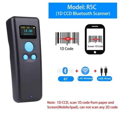 휴대용 미니 코드 스캐너 포켓 바코드 리더 1D 무선 스캐너 블루투스 바코드 리더 아이패드 아이폰 PC와 호환 가능, CHINA_R5C Bluetooth CCD 1D, 2) R5C