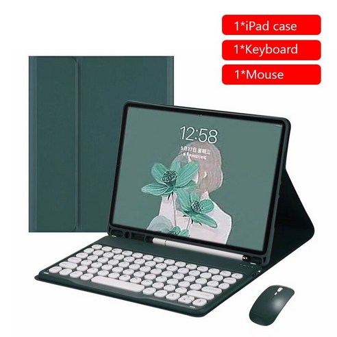 [시요] IPad Air 4 10.9 용 Bluetooth 호환 키보드 마우스 세트 iPad 10.2 2019 Air 3 2 1 Pro 11 2020 10.5 9.7 2018, darkgreenwcase, 옵션1, 옵션1