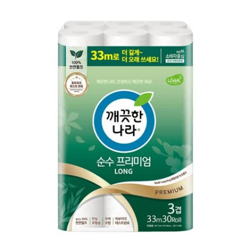 깨끗한나라 3겹 데코 순수프리미엄 천연펄프(107mm) 30m 30롤 1팩, 3겹데코 순수프리미엄천연펄프 깨끗한나라순수프리미엄2 Best Top5