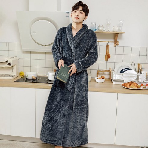 DFMEI-Y 잠옷 여성의 가을과 겨울 긴 산호 양털 플러스 벨벳 두꺼운 커플 목욕 가운 플란넬 남자 잠옷 겨울 홈 착용, M 적합 [160cm -120kg], DFMEI 회색 [] 허리 플란넬