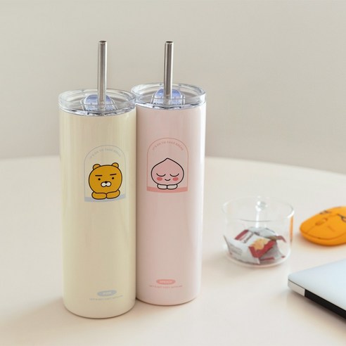 카카오프렌즈 슬림 스텐 대용량 텀블러 보온 보냉 +빨대+빨대솔, 라이언, 1개, 600ml