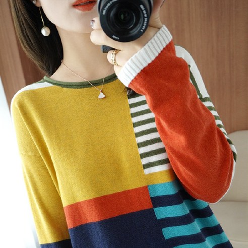 Mao 가을 겨울 면화 얇은 스웨터 여성 라운드 넥 느슨한 캐주얼 스웨터 컬러 스트라이프 셔츠 탑