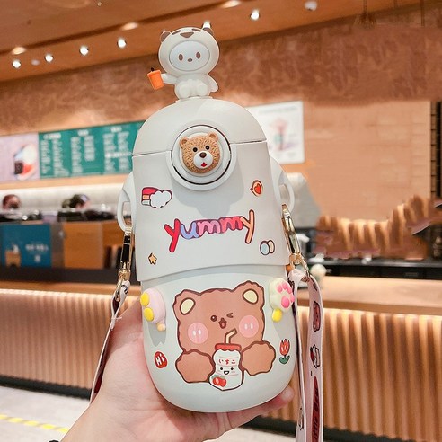 [LM] 500ml Kawaii 토끼 보온병 귀여운 스테인레스 스틸 보온병 물병 빨대와 절연 차가운 음료 컵, {"크기":"500ml"}, White B