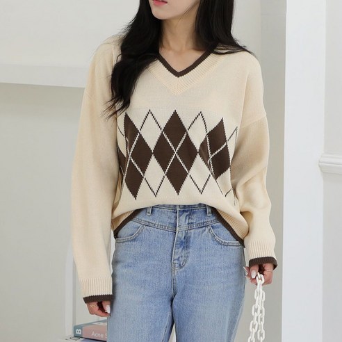 퍼니걸스 아가일 다이아 긴팔 니트 여성의류_1161