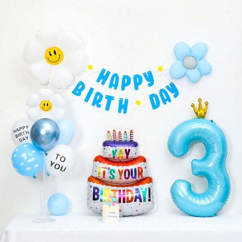 [피앤비유니티] 캐릭터무광데이지 생일케익풍선세트 스탠드형, 06-03)무광데이지생일풍선세트 3 블루, 1세트