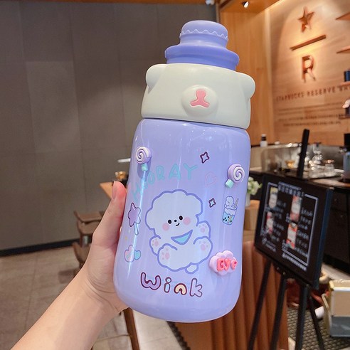 보온컵 여자 고안가 주전자 휴대용 야외 선녀 컵 배 빨대 물컵, 보라+스티커+액세서리, 1130ml