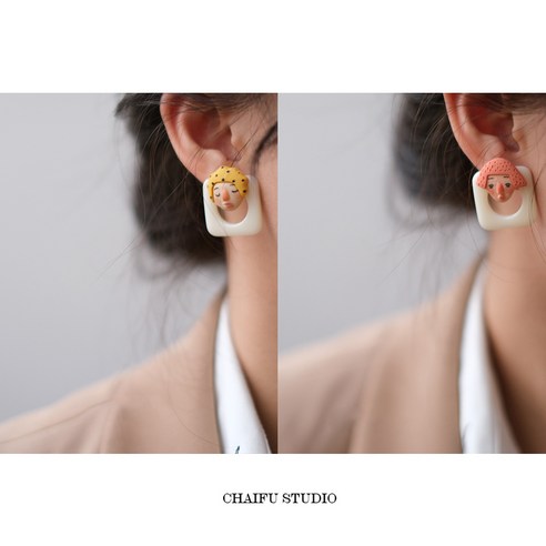 샤프 잡화점 / E969 INS 한풍 심플하다 문예 상큼하다 귀엽다 수지 인형 사각형 펀칭 귀걸이