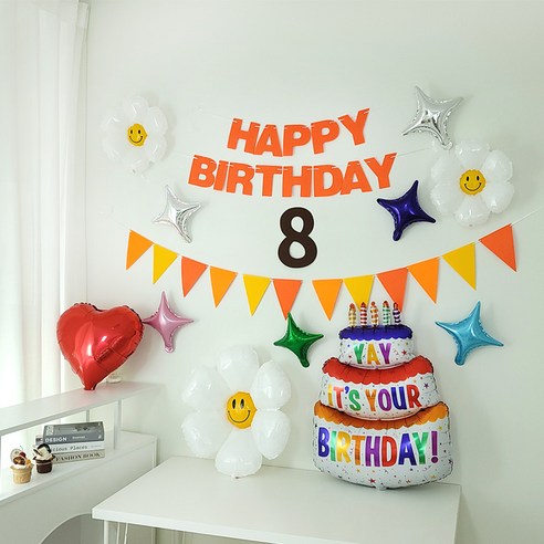 상큼화사 오렌지 펠트 생일가랜드 숫자펠트 전체 호일풍선 구성 생일파티용품 세트, 1세트, 숫자8번
