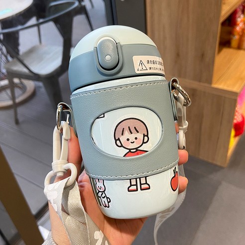 텀블러 304 스테인리스강 여 빨대 컵 만화 휴대용 물컵 귀엽다 멍청하다, 청색, 350ml