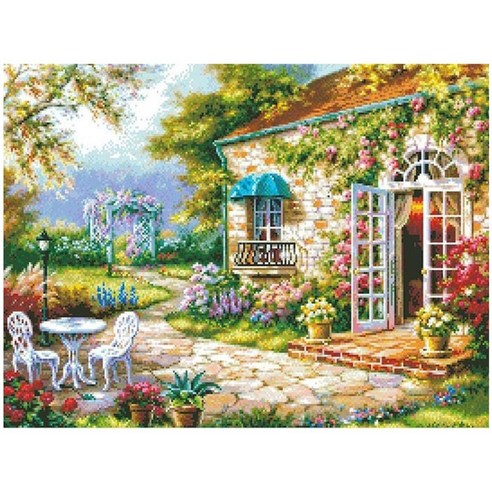 다이아몬드 그림 정원 다이아몬드 아트 하우스 전체 드릴 라운드 라인 석 안뜰 DIY 장식 그림 키트, 하나, 보여진 바와 같이