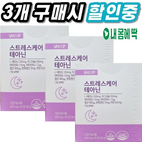 내몸에딱 약국판매용 스트레스 케어 긴장 완화 테아닌 마그네슘 엽산 아연 판토텐산 건강기능식품, 3개, 60정