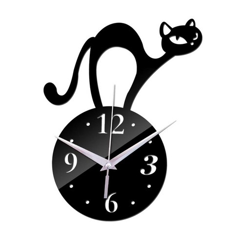 간단한 스타일 고양이 벽시계 거울 작은 시계 석영 시계 배터리 작동 불규칙 홈 장식 침실 실내 학교 읽기 쉬운, 검은 색, 아크릴