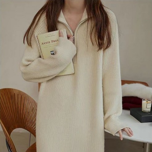 추천상품 봄과 가을을 위한 편안하고 세련된 여성용 반집업 니트 롱 원피스