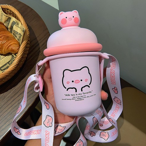 어 만화 귀여운 동물 피규어 텀블러 작고 휴대용 멜빵 여학생 인터넷 빨간 물컵, 돼지 새끼, 350ML