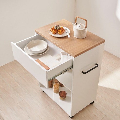 프린홈 데일리 만능 이동식 트롤리 조리대 수납장 3color, 오크