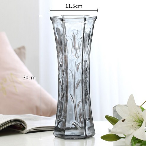 DFMEI 라지 수양 부귀대나무 유리 꽃병 심플 투명백합 꽃병 장식 거실 꽃병 진열장입니다, DFMEI (30 육각 튤립) 스모키 그레이, 큰