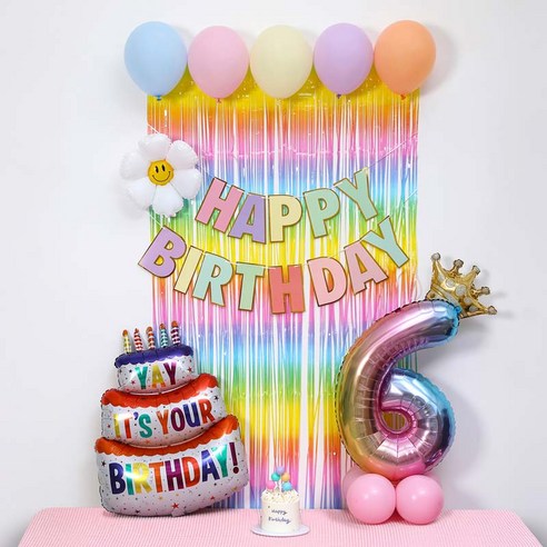 [피앤비유니티]스마일데이지 풍선스탠드 생일장식커튼세트 펌프포함, 1세트, 03-6)숫자기본형 마카롱커튼세트6