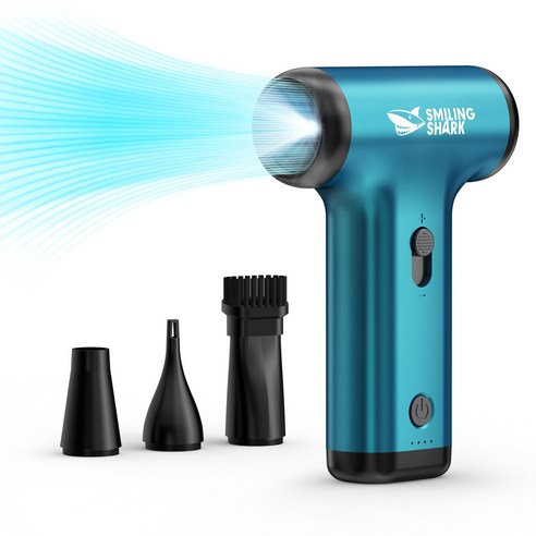 SmilingShark공식스토어 핸디제트팬 무선 에어건 최대150000RPM 풍속 55m/s LED 조명 포함 캠핑 컴퓨터 차량 청소 휴대용 5개 노즐 JF-01, 푸른