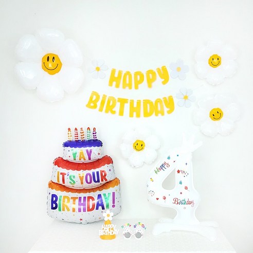 GAM 데이지가랜드 숫자 호일풍선 3단케익 생일파티용품 세트(모자 안경포함), 가랜드풍선세트-숫자풍선4 (모자 안경포함), 1set