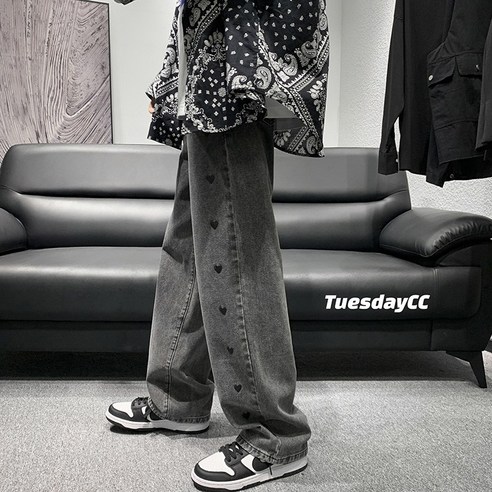 사랑 인쇄 청바지 남자 한국어 스타일 유행 느슨한 스트레이트 바지 가을 스트리트 패션 브랜드 넓은 아빠 바지