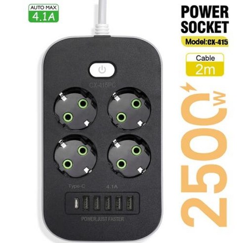EU 플러그 멀티탭 AC 콘센트 멀티탭 소켓 익스텐션 코드 전기 어댑터 네트워크 필터 USB C 타입 PD 고속 충전, 1개