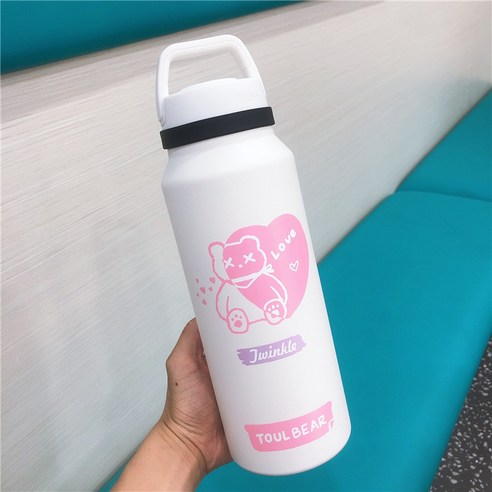 패션 대용량 스테인리스 스틸 스포츠 주전자 조곰핸드 빨대 진공 물컵 아웃도어 달인 테이블자, 흰색_1400ml