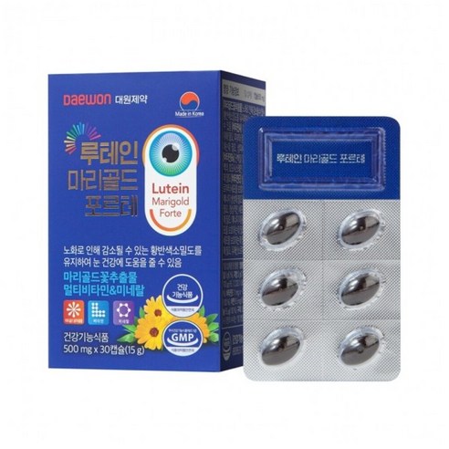 눈 피로회복 영양제 대원제약 루테인 마리골드 포르테 500mg X 30캡슐 1개월분 나이아신 망간 아연 구리 비타민b6 비타민A 비타민E 셀레륨 하루에 한알 간편 개별포장, 12박스(12개월), 12개, 30정