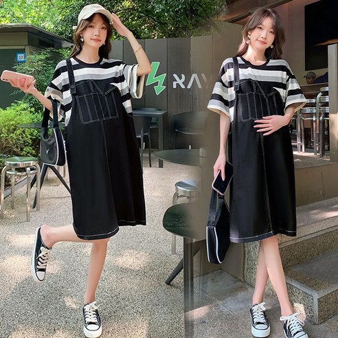 Yichuo 여름 새로운 한국 느슨한 바느질 여름 대형 임산부 패션 드레스 조수 엄마