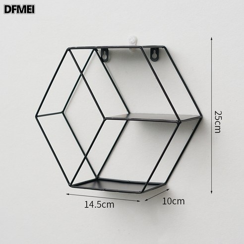 DFMEI 철예 벽 선반 펀치 홀리스 가정용 거실 벽면 장식품 침실 방걸이 벽 수납 선반 벽걸이, 블랙 체크 육각형