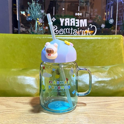 DFMEI 뚜껑 짚 컵 주스 우유 컵 물 컵 고온 저항이있는 투명한 유리 컵 처리, DFMEI 귀여운 파란색, 525ml