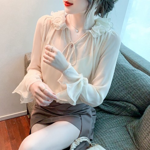 2022 봄 새로운 연꽃 잎 트럼펫 소매 슈퍼 페어리 쉬폰 셔츠 탑 기질 작은 셔츠 요정의 어 버전