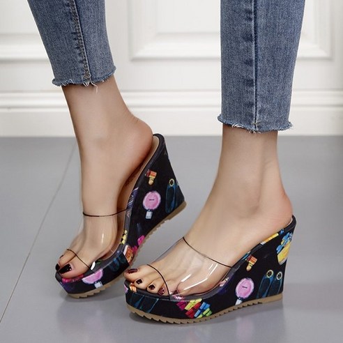 여성 여름 PVC 투명 스트랩 웨지 통굽 뮬 슬리퍼 샌들 10cm