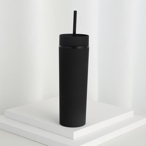 KORELAN 16oz 이중 플라스틱 직통 컵 고무 페인트 직신 빨대 컵 대용량 냉음료 핸드컵, 검정색