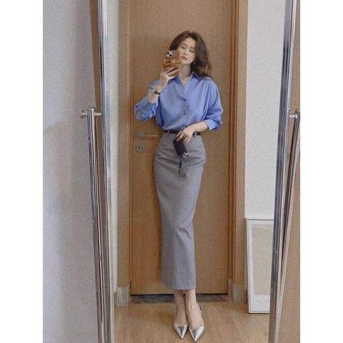 여성 회사 오피스룩 상의 하의(미디엄 기장 스커트) 세트