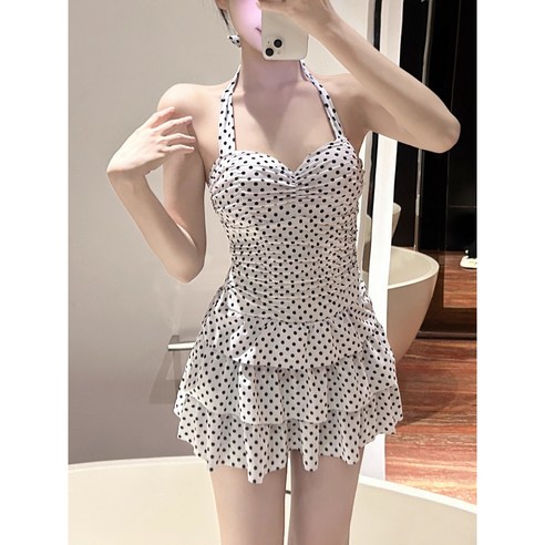 앤유 러블리 도트 홀터넥 캡내장 원피스 수영복, 화이트