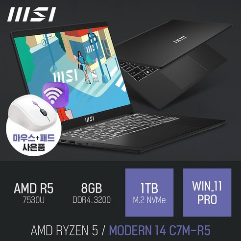 MSI Modern 14 C7M-R5, WIN11 Pro, 8GB, 1TB, 라이젠5, 블랙